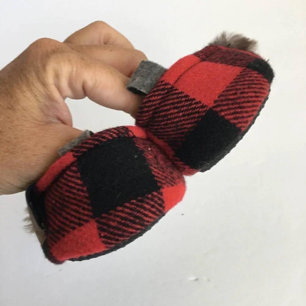Dearfoams Christmas Baby Bear Red Black Buffalo Plaid Slippers - Size 6-9 Months
